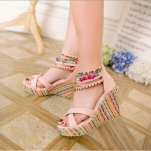 Getmorebeauty Womens Boho Beaded Ankle Strap Wedge Sandals Tan Multi Size 39